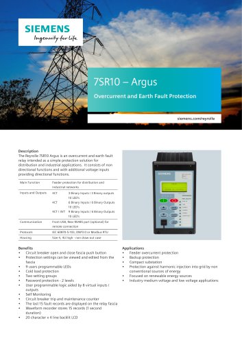 7SR10 – ArgusOvercurrent and Earth Fault Protection