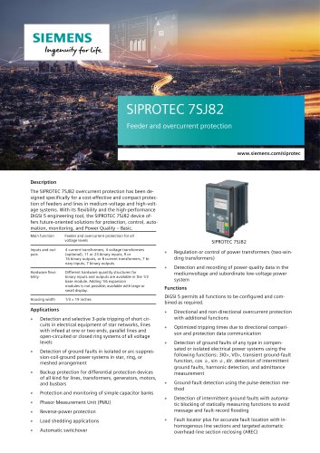 SIPROTEC 7SJ82 Feeder and overcurrent protection