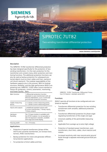 SIPROTEC 7UT82 Two-winding transformer differential protection