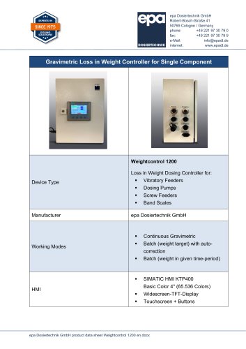 Gravimetric Loss in Weight Controller for Single Component