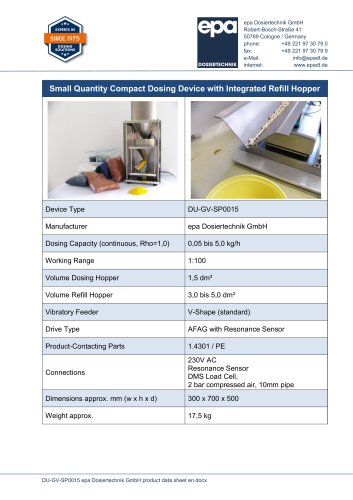 Small Quantity Compact Dosing Device with Integrated Refill Hopper