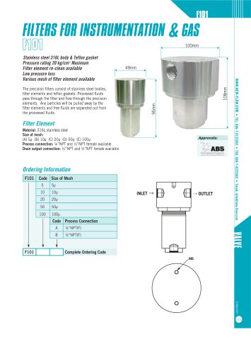 Filters For Instrumentation & Gas F-101