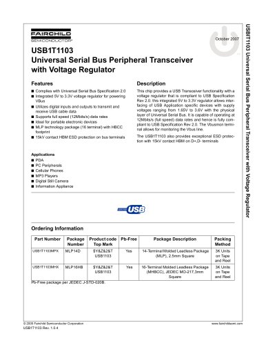 USB1T1103 Universal Serial Bus Peripheral Transceiver with Voltage Regulator