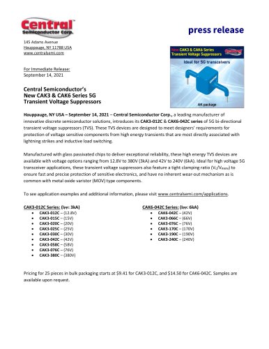 Central Semiconductor’s New CAK3 & CAK6 Series 5G Transient Voltage Suppressors