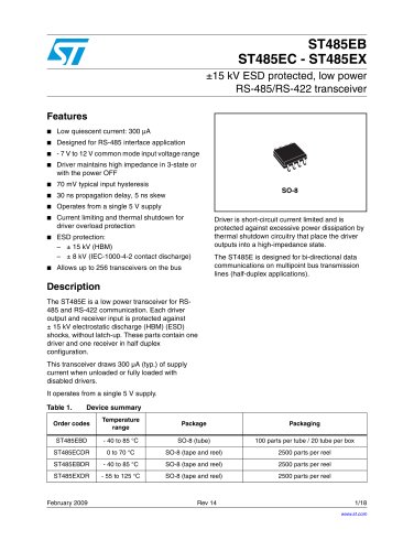 ST485EC +/-15 kV ESD protected, low power RS-485/RS-422 transceiver Active Save to myST send to a friend 