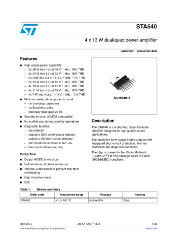 STA540 4 x 13 W dual/quad power amplifier