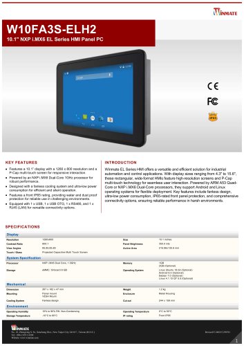 10.1" NXP i.MX6 EL Series HMI Panel PC W10FA3S-ELH2