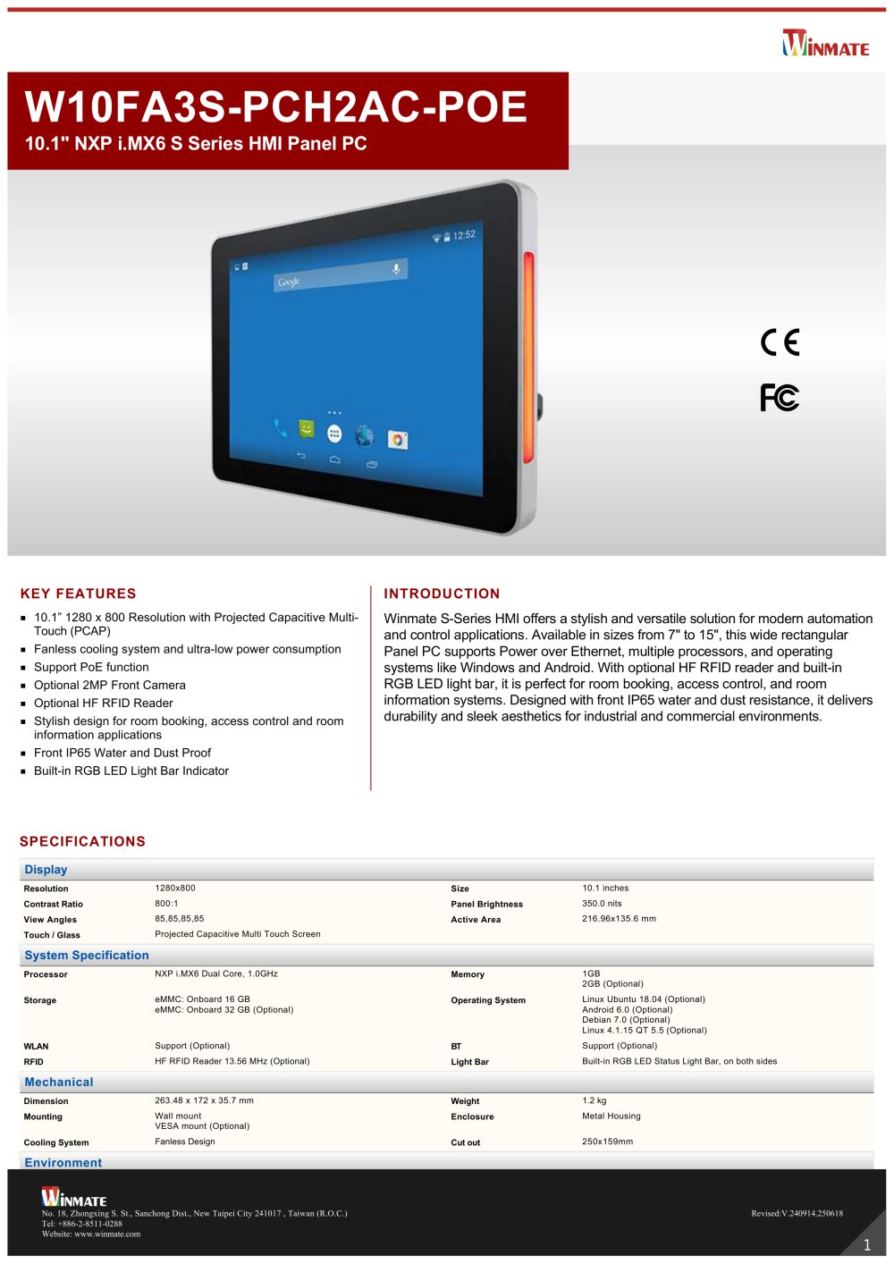 10.1" NXP i.MX6 S Series HMI Panel PC W10FA3S-PCH2AC-POE - Winmate, Inc.