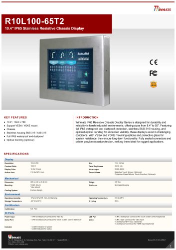 10.4" IP65 Stainless Resistive Chassis Display R10L100-65T2