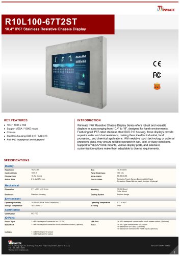 10.4" IP67 Stainless Resistive Chassis Display R10L100-67T2ST
