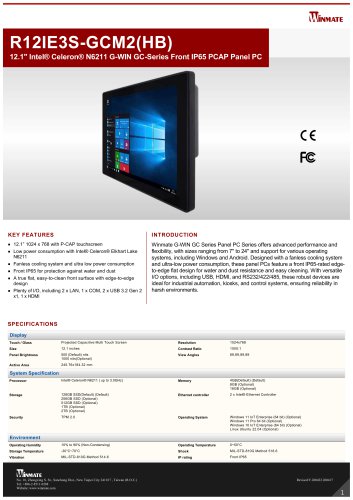 12.1" Intel&reg; Celeron&reg; N6211 G-WIN GC-Series Front IP65 PCAP Panel PC R12IE3S-GCM2(HB)