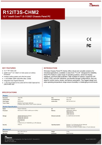12.1" Intel&reg; Core&trade; i5-1135G7 Chassis Panel PC R12IT3S-CHM2