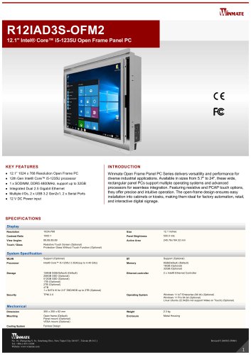12.1" Intel&reg; Core&trade; i5-1235U Open Frame Panel PC R12IAD3S-OFM2