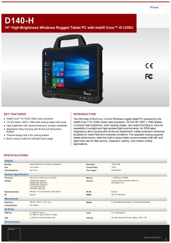 14" High-Brightness Windows Rugged Tablet PC with Intel&reg; Core&trade; i5-1235U D140-H