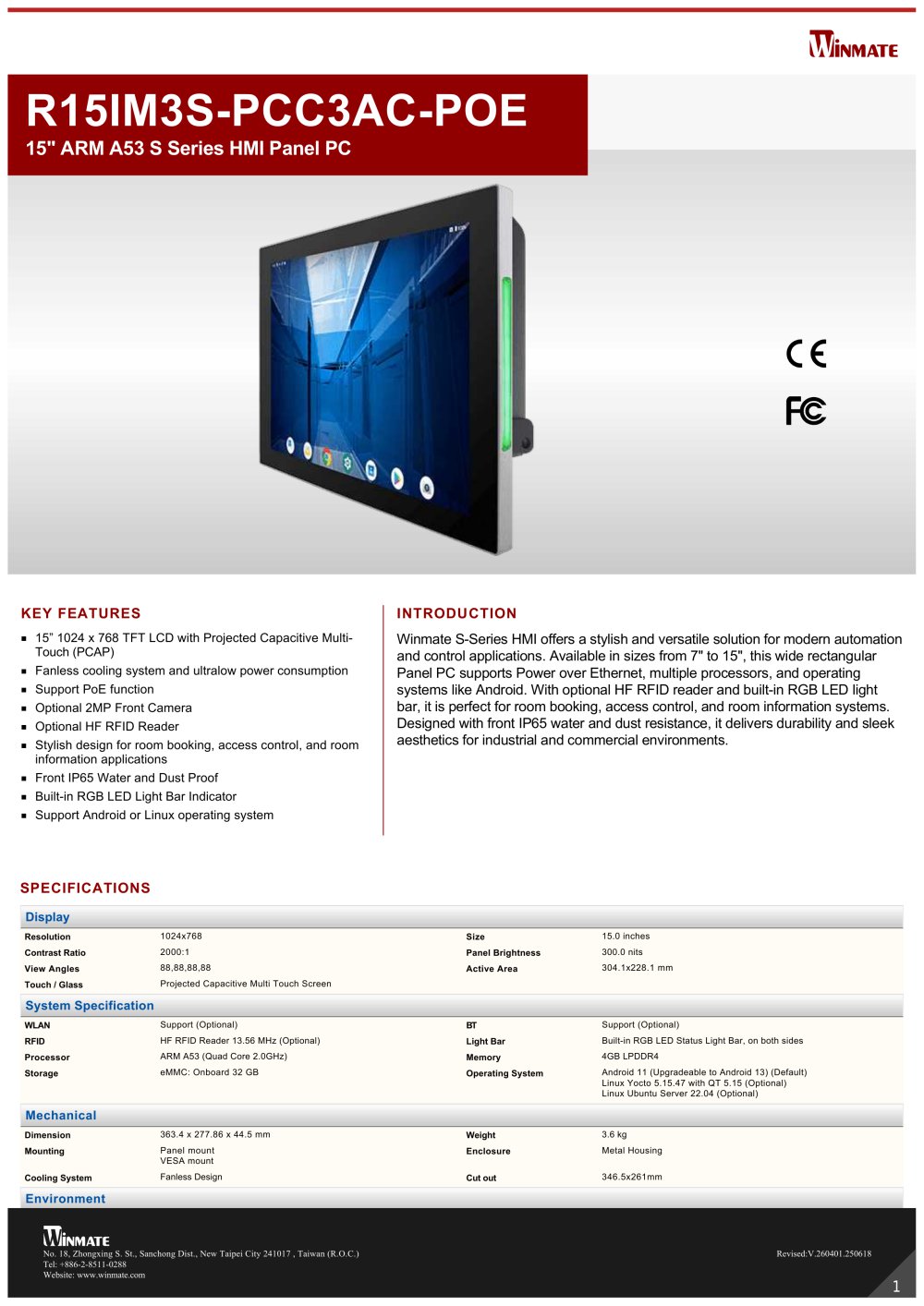 15" ARM A53 S Series HMI Panel PC R15IM3S-PCC3AC-POE - Winmate, Inc.