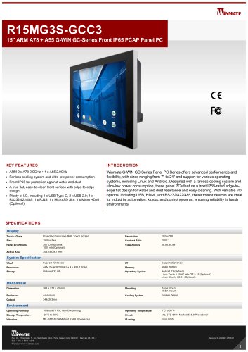 15" ARM A78 + A55 G-WIN GC-Series Front IP65 PCAP Panel PC R15MG3S-GCC3
