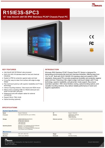 15" Intel Atom&reg; x6413E IP65 Stainless PCAP Chassis Panel PC R15IE3S-SPC3