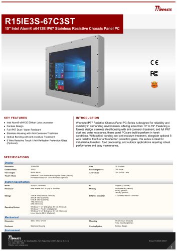 15" Intel Atom&reg; x6413E IP67 Stainless Resistive Chassis Panel PC R15IE3S-67C3ST