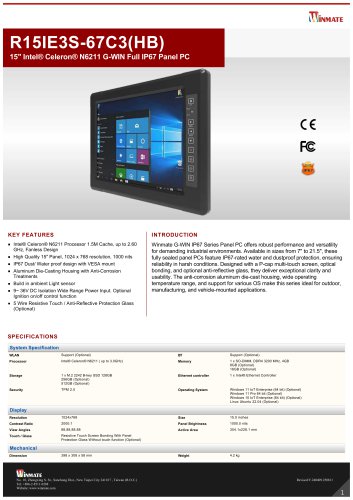 15" Intel&reg; Celeron&reg; N6211 G-WIN Full IP67 Panel PC R15IE3S-67C3(HB)