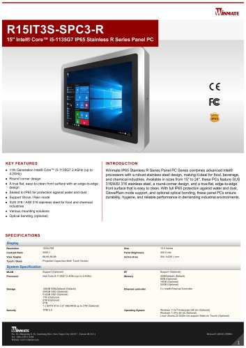 15" Intel&reg; Core&trade; i5-1135G7 IP65 Stainless R Series Panel PC R15IT3S-SPC3-R