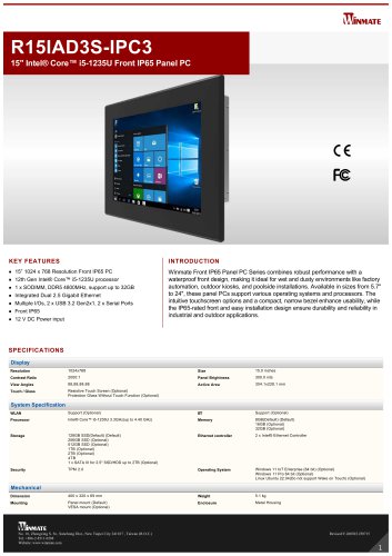 15" Intel&reg; Core&trade; i5-1235U Front IP65 Panel PC R15IAD3S-IPC3