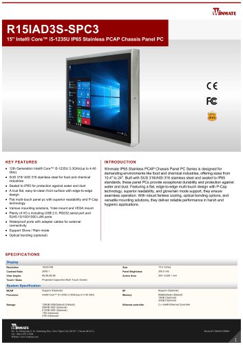 15" Intel&reg; Core&trade; i5-1235U IP65 Stainless PCAP Chassis Panel PC R15IAD3S-SPC3