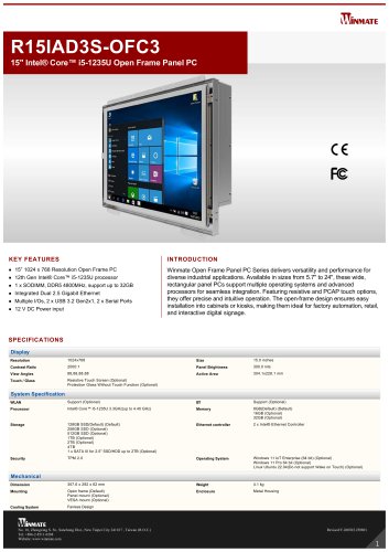 15" Intel&reg; Core&trade; i5-1235U Open Frame Panel PC R15IAD3S-OFC3