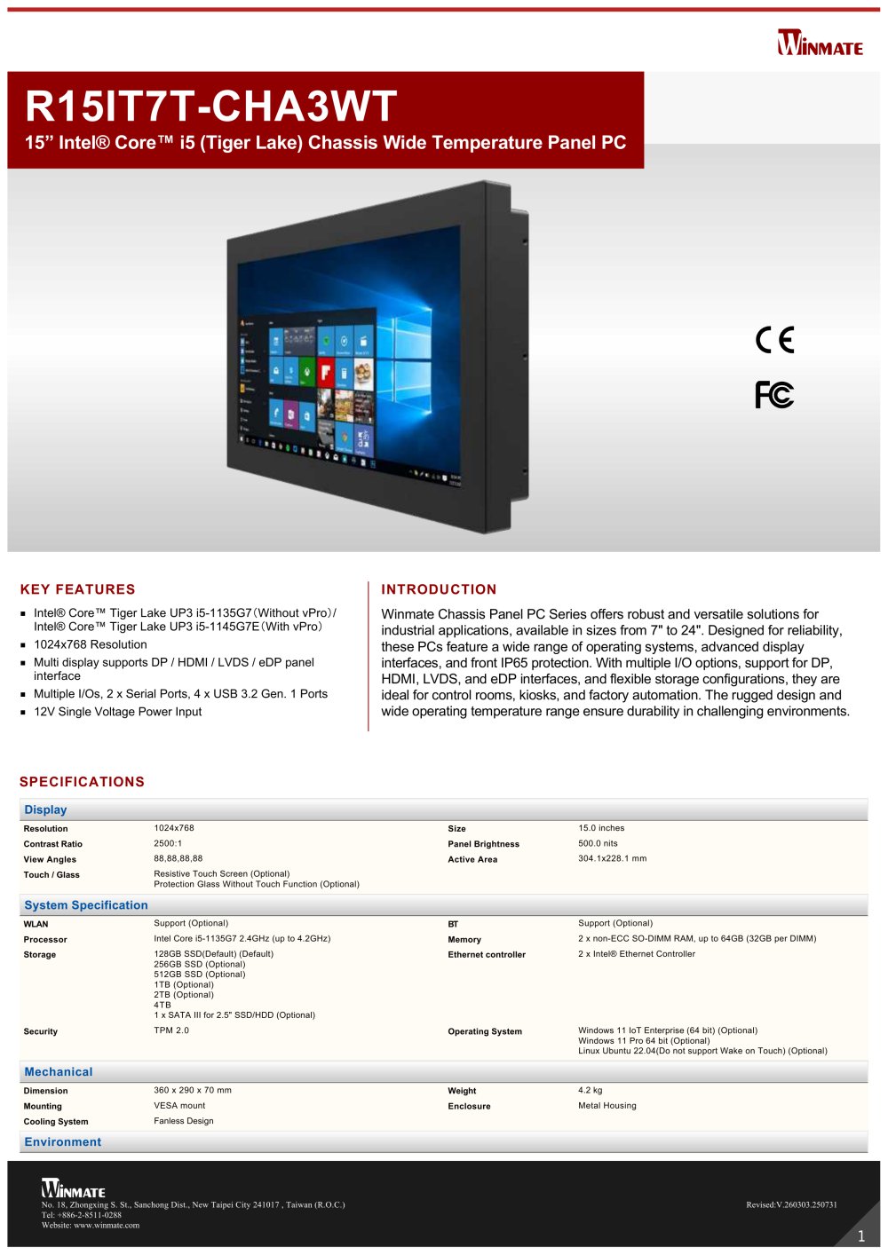 15&rdquo; Intel&reg; Core&trade; i5 (Tiger Lake) Chassis Wide Temperature Panel PC R15IT7T-CHA3WT - Winmate, Inc.
