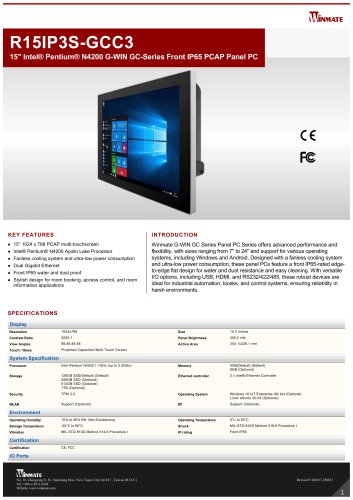 15" Intel&reg; Pentium&reg; N4200 G-WIN GC-Series Front IP65 PCAP Panel PC R15IP3S-GCC3