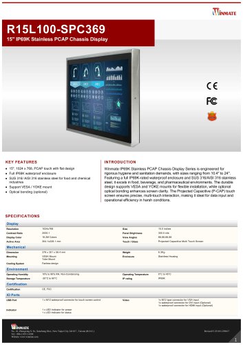15" IP69K Stainless PCAP Chassis Display R15L100-SPC369