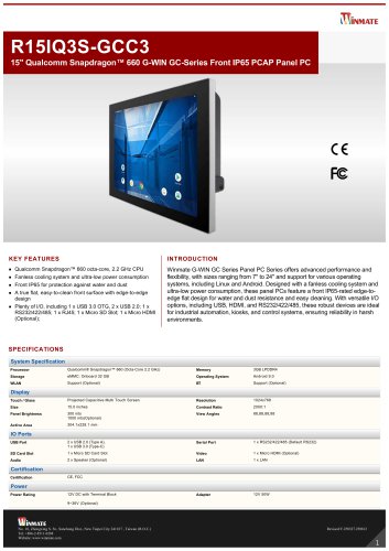 15" Qualcomm Snapdragon&trade; 660 G-WIN GC-Series Front IP65 PCAP Panel PC  R15IQ3S-GCC3