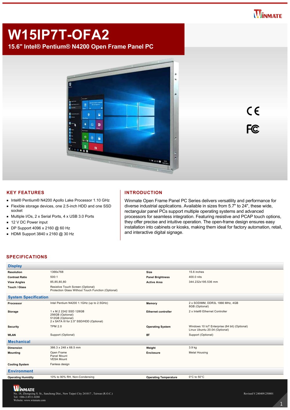 15.6" Intel&reg; Pentium&reg; N4200 Open Frame Panel PC W15IP7T-OFA2 - Winmate, Inc.