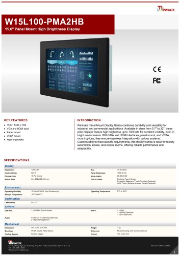 15.6" Panel Mount High Brightness Display W15L100-PMA2HB
