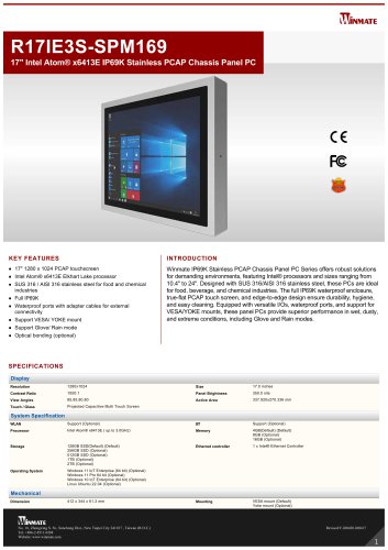 17" Intel Atom&reg; x6413E IP69K Stainless PCAP Chassis Panel PC R17IE3S-SPM169