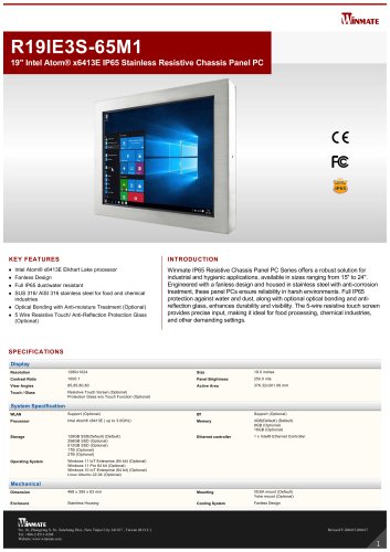 19" Intel Atom&reg; x6413E IP65 Stainless Resistive Chassis Panel PC R19IE3S-65M1