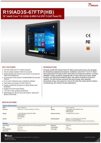 19&rdquo; Intel&reg; Core&trade; i5-1235U G-WIN Full IP67 P-CAP Panel PC R19IAD3S-67FTP(HB)