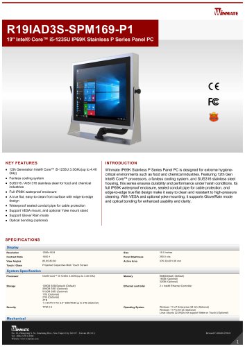 19" Intel&reg; Core&trade; i5-1235U IP69K Stainless P Series Panel PC R19IAD3S-SPM169-P1
