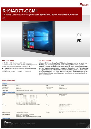 19" Intel&reg; Core&trade; i9 / i7/ i5 / i3 (Alder Lake S) G-WIN GC Series Front IP65 PCAP Panel PC R19IAD7T-GCM1