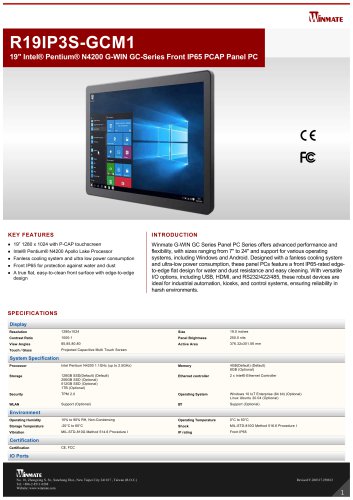 19" Intel&reg; Pentium&reg; N4200 G-WIN GC-Series Front IP65 PCAP Panel PC R19IP3S-GCM1