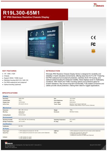 19" IP65 Stainless Resistive Chassis Display R19L300-65M1