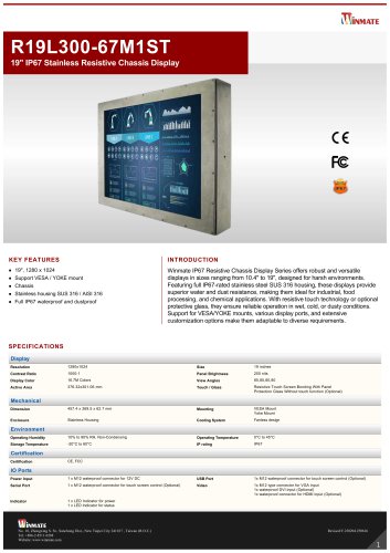 19" IP67 Stainless Resistive Chassis Display R19L300-67M1ST