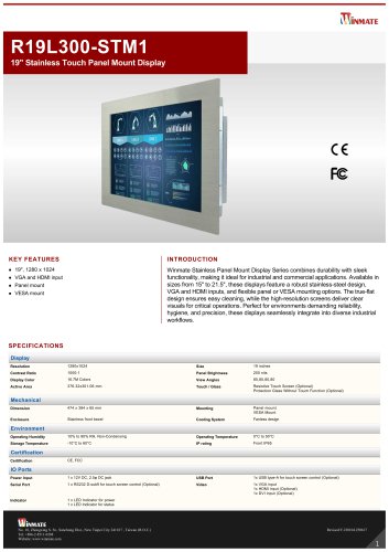 19" Stainless Touch Panel Mount Display R19L300-STM1