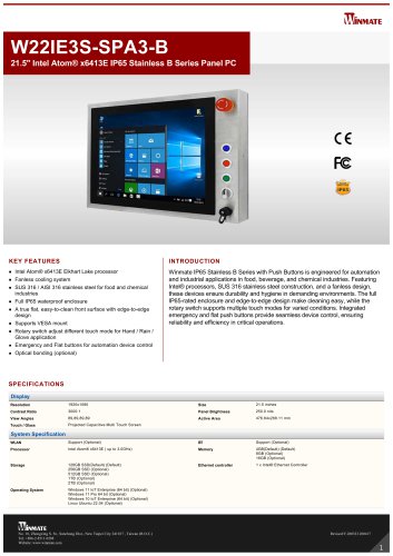 21.5" Intel Atom&reg; x6413E IP65 Stainless B Series Panel PC W22IE3S-SPA3-B