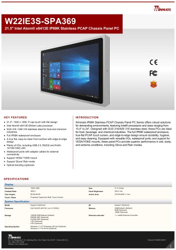 21.5" Intel Atom&reg; x6413E IP69K Stainless PCAP Chassis Panel PC W22IE3S-SPA369