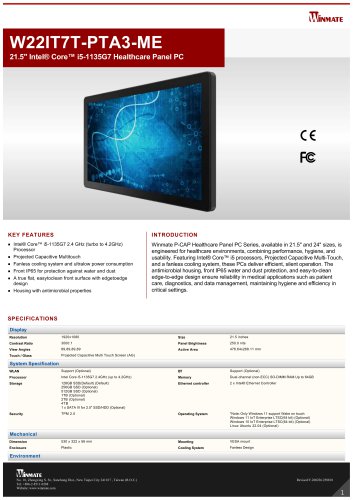 21.5" Intel&reg; Core&trade; i5-1135G7 Healthcare Panel PC W22IT7T-PTA3-ME