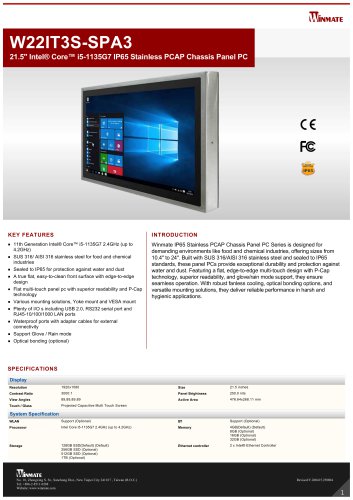 21.5" Intel&reg; Core&trade; i5-1135G7 IP65 Stainless PCAP Chassis Panel PC W22IT3S-SPA3