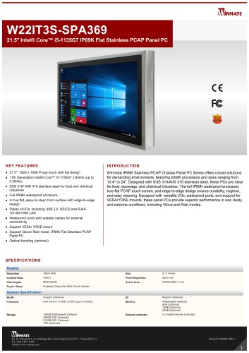 21.5" Intel&reg; Core&trade; i5-1135G7 IP69K Flat Stainless PCAP Panel PC W22IT3S-SPA369