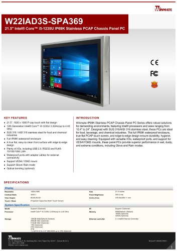 21.5" Intel&reg; Core&trade; i5-1235U IP69K Stainless PCAP Chassis Panel PC W22IAD3S-SPA369