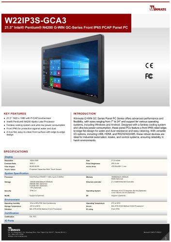 21.5" Intel&reg; Pentium&reg; N4200 G-WIN GC-Series Front IP65 PCAP Panel PC W22IP3S-GCA3