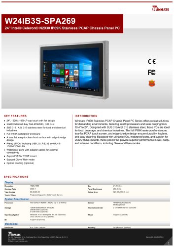 24" Intel&reg; Celeron&reg; N2930 IP69K Stainless PCAP Chassis Panel PC W24IB3S-SPA269